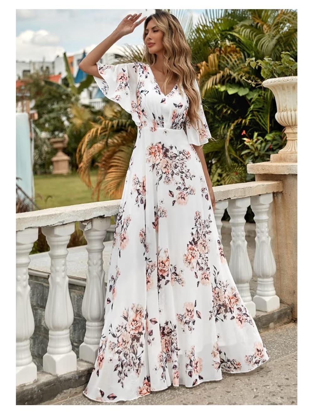 SHEIN White Maxi Dress with Pink Floral Print